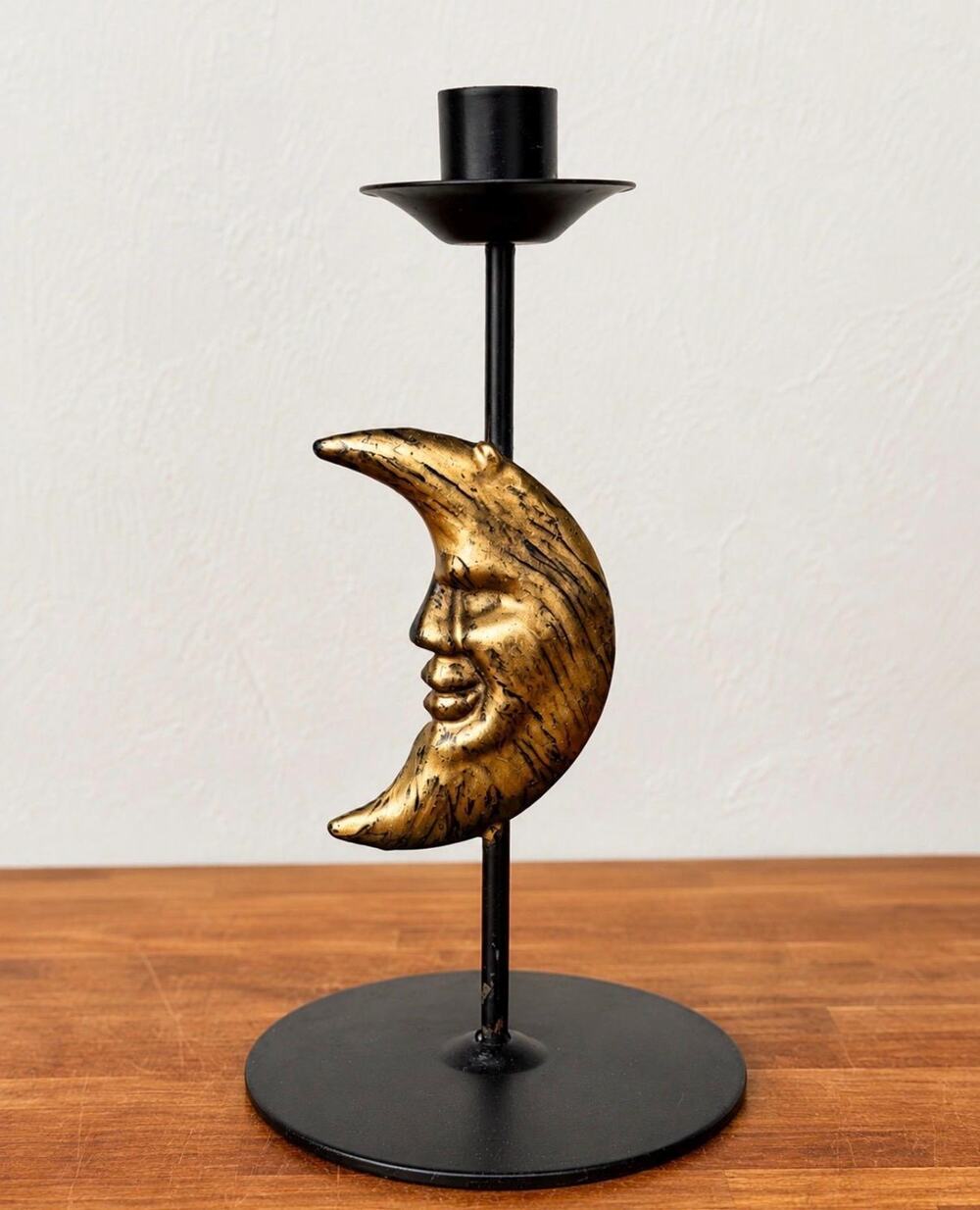 Gold Crescent Moon Black Metal Candle Holder